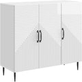 Das Sideboard vereint strukturierte Fronten mit glaenzenden Oberflaechen
