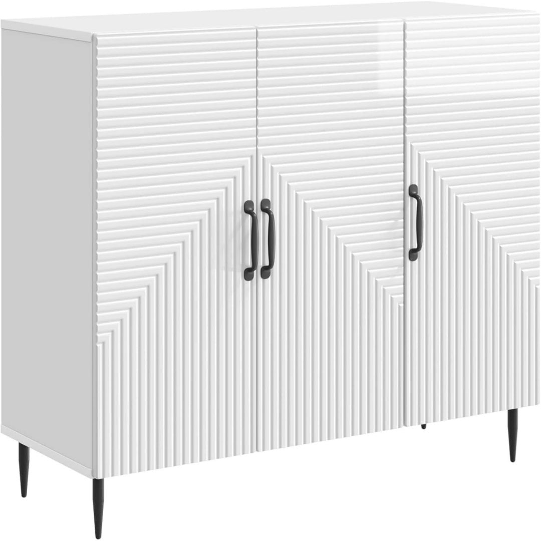 Das Sideboard vereint strukturierte Fronten mit glaenzenden Oberflaechen