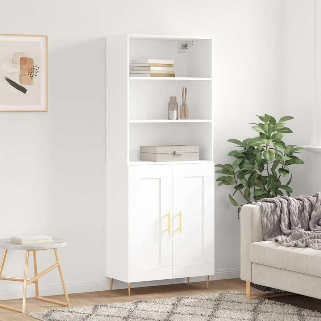 Geschlossener Stauraum ergaenzt den Hochschrank in Weiss
