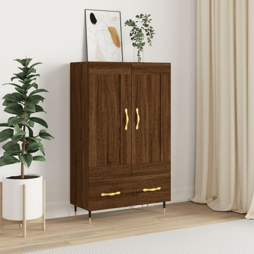Der Hochschrank misst 69.5 x 31 x 115 cm in Eichenbraun aus Holzwerkstoff